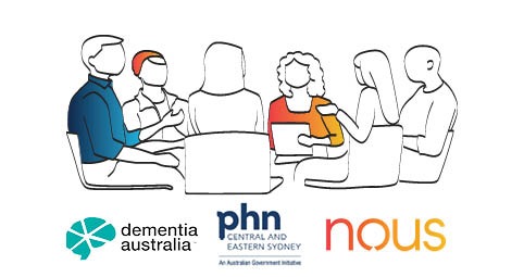 Graphic of people speaking around a table with 'Dementia Australia', 'CESPHN' and Nous logos.