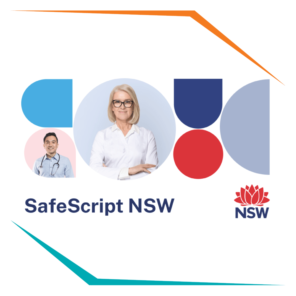 Safescript NSW logo including a man with a stethoscope around his neck and a woman with a white shirt.