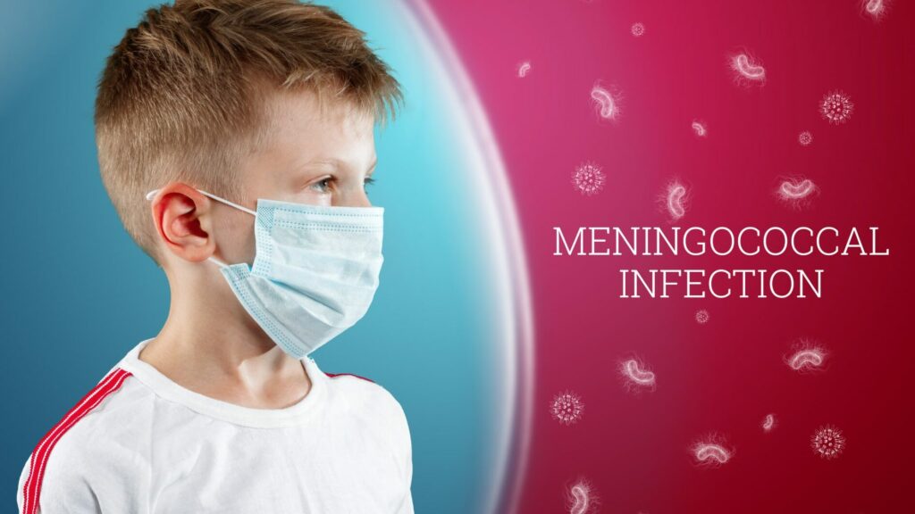 A Little Boy, A Child In A Medical Mask On A Red Background With Bacteria In A Protective Bladder. Inscription Meningococcal Infection. The Concept Of An Epidemic, Influenza, Protection From Disease, Vaccination.