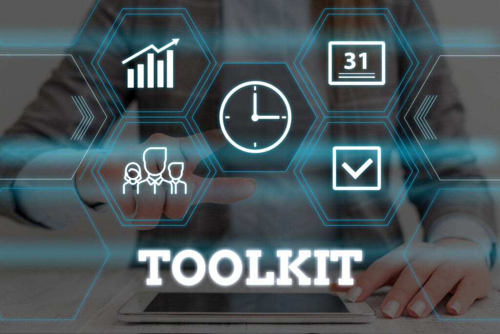 Handwriting Text Toolkit. Concept Meaning Set Of Tools Kept In A Bag Or Box And Used For A Particular Purpose Woman Wear Formal Work Suit Presenting Presentation Using Smart Device.