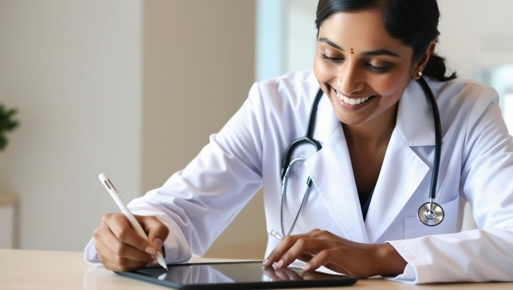 Woman Wearing White Doctors Coat Writing An Electronic Referral