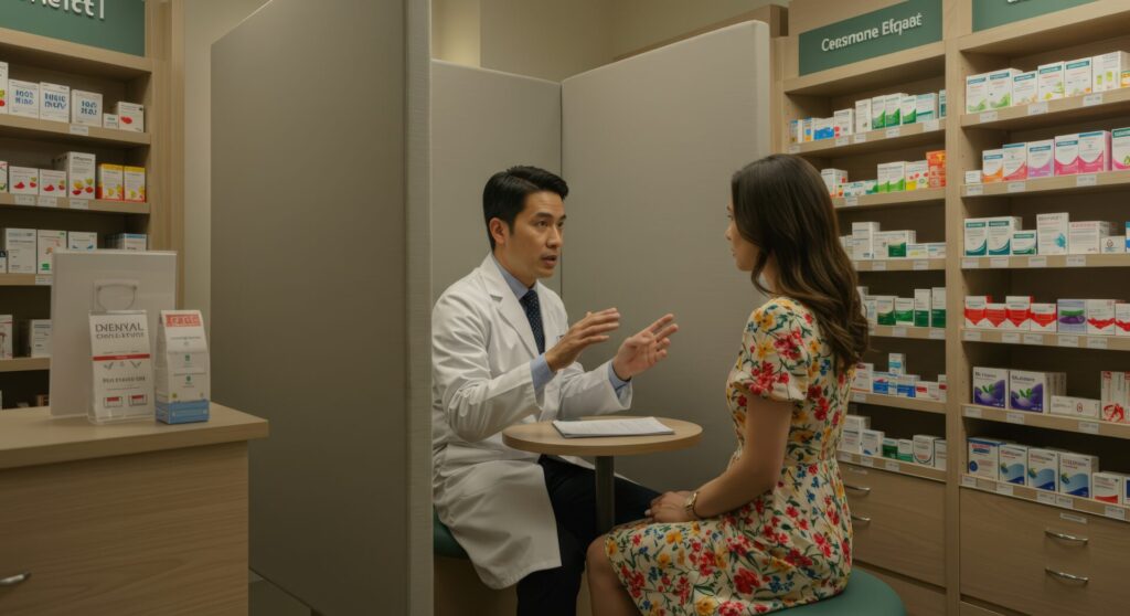 A Pharmacist Providing A Consultation In A Private Corner Of The Pharmacy, Discussing Medication Side Effects With A Patient.