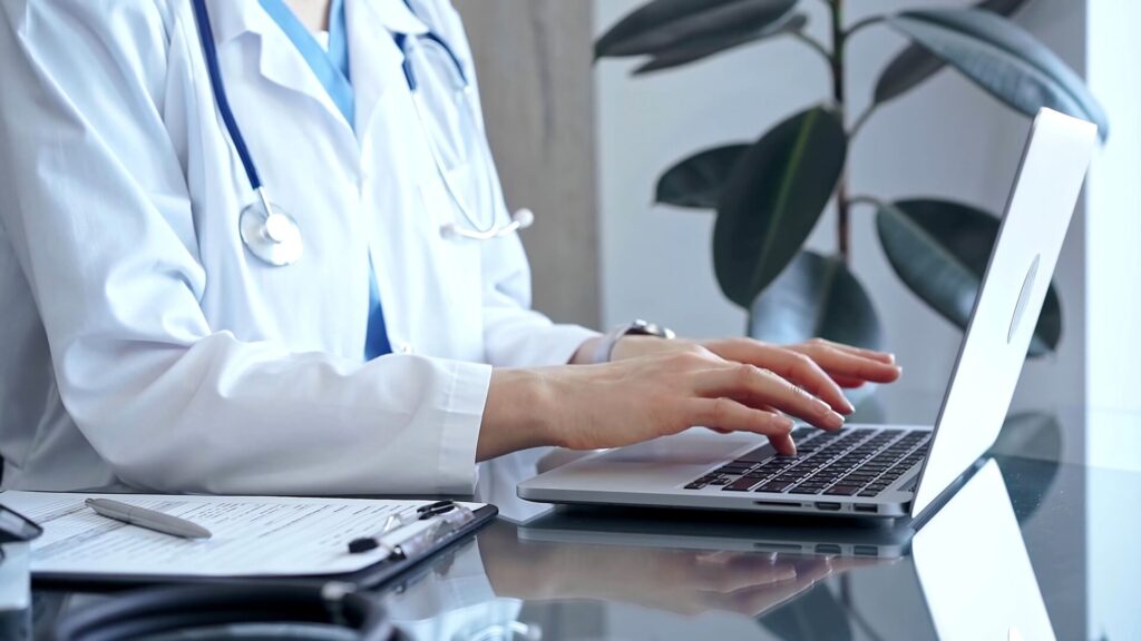 Doctor Woman Is Using Laptop Computer In Clinic Office While Sitting At The Glass Desk. Medicine Concept